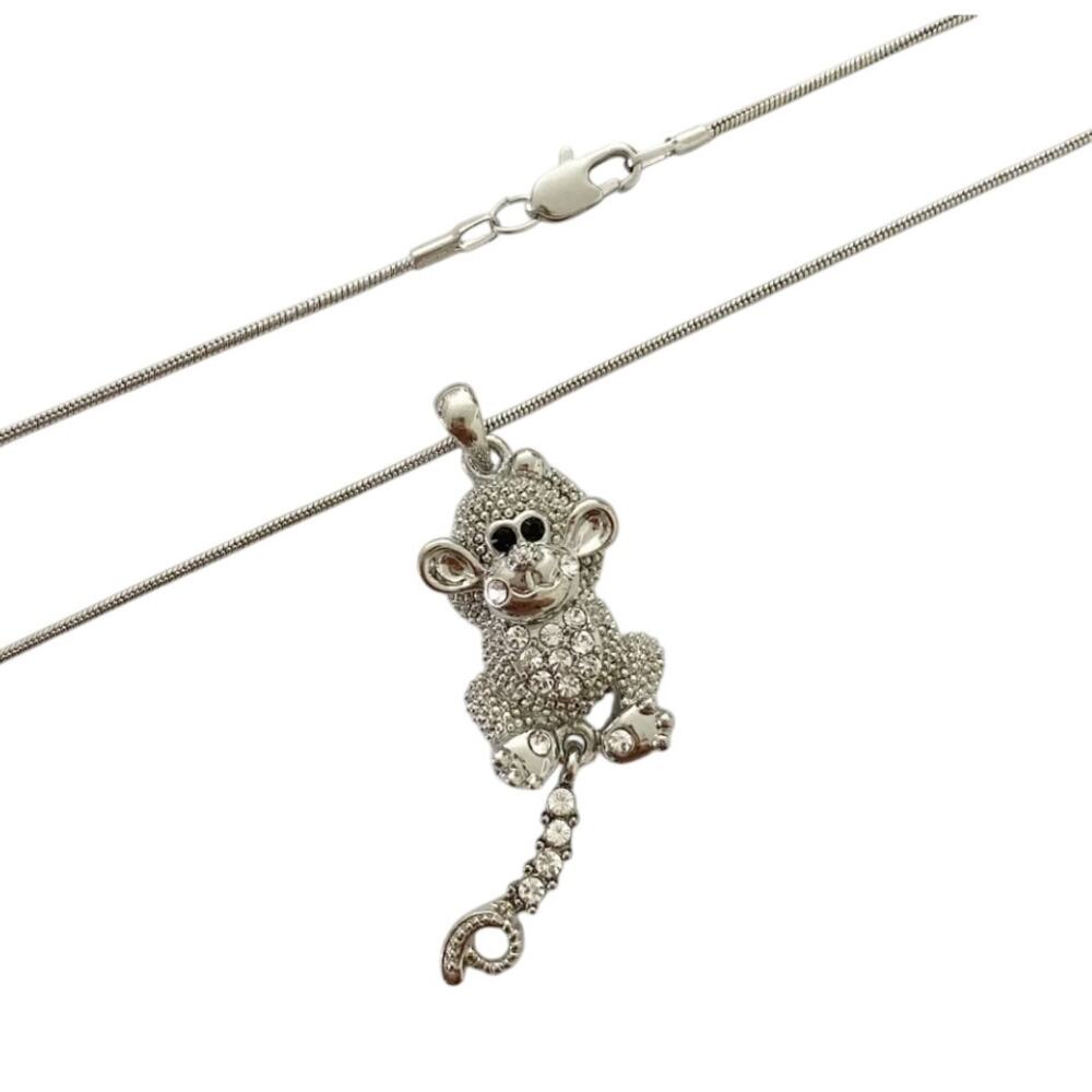 Monkey Clear Crystal Silver Plated Chain Necklace 18" Pendant Charm NEW Y2K